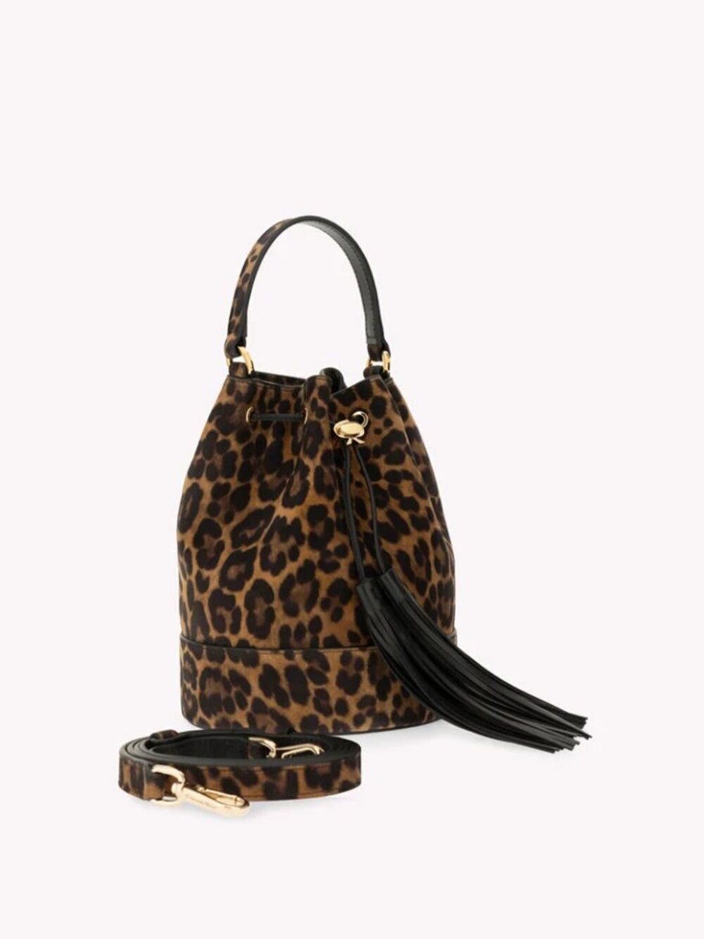 Gianvito Rossi Sienna Bucket Shoulder Bag Sueded Leopard Print Tassel Drawstring